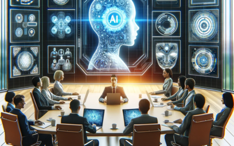A-digital-conference-scene-depicting-a-group-of-diverse-leaders-communicating-with-an-AI-entity-through-futuristic-digital-screens.-The-AI-is-symboliz