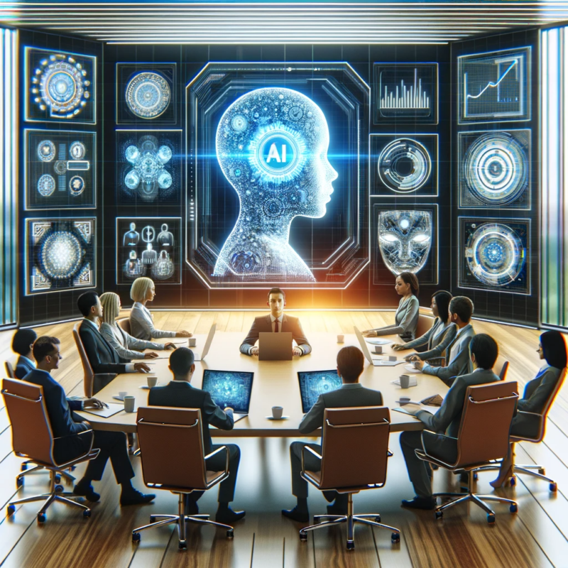 A-digital-conference-scene-depicting-a-group-of-diverse-leaders-communicating-with-an-AI-entity-through-futuristic-digital-screens.-The-AI-is-symboliz